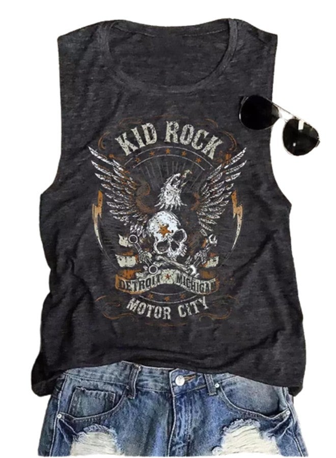 MHTOR Kid Rock Skeleton Eagle Tank Top for Women Vintage Country Music Shirts Summer Sleeveless Graphic Tops(Small,Grey) - Image 3